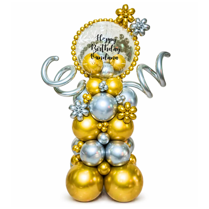 Customized Happy Birthday Baloon Bouquet with Golden and Silver Balloons and Customized Name Sticker | Air Filled & Delivers Inflated