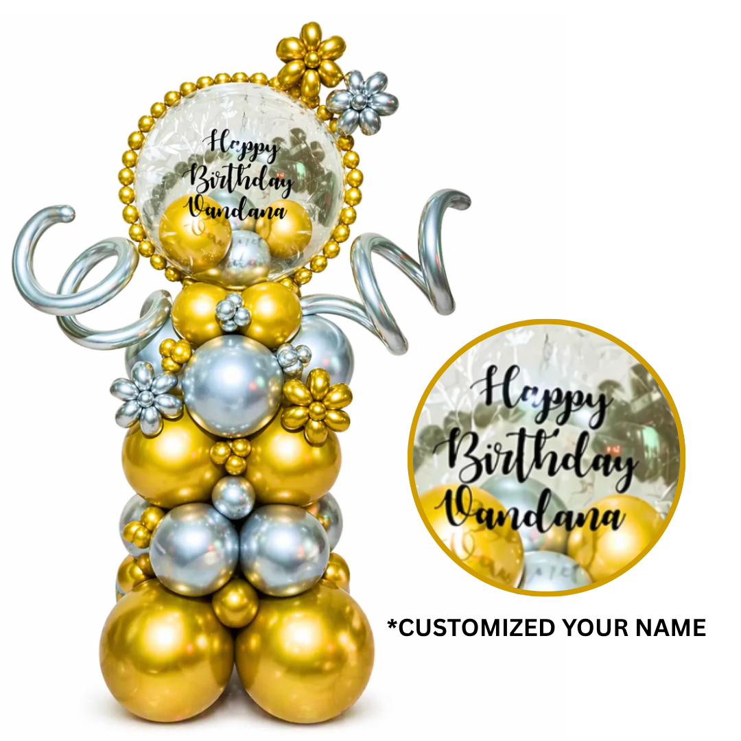 Customized Happy Birthday Baloon Bouquet with Golden and Silver Balloons and Customized Name Sticker | Air Filled & Delivers Inflated