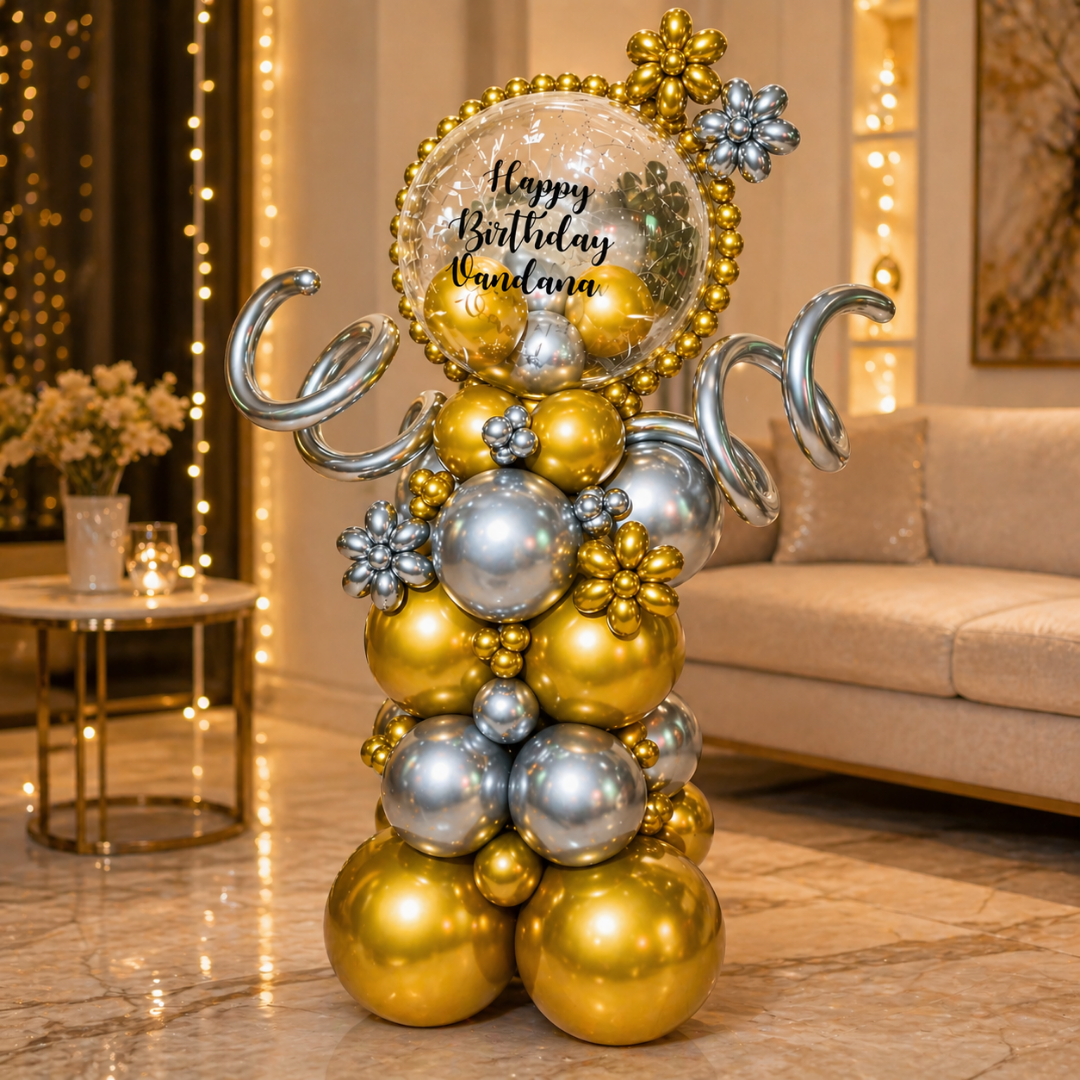 Customized Happy Birthday Baloon Bouquet with Golden and Silver Balloons and Customized Name Sticker | Air Filled & Delivers Inflated