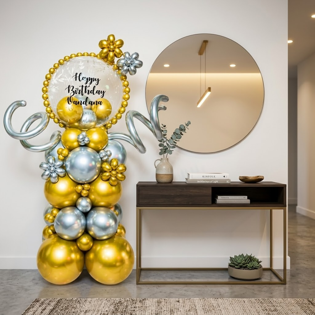 Customized Happy Birthday Baloon Bouquet with Golden and Silver Balloons and Customized Name Sticker | Air Filled & Delivers Inflated
