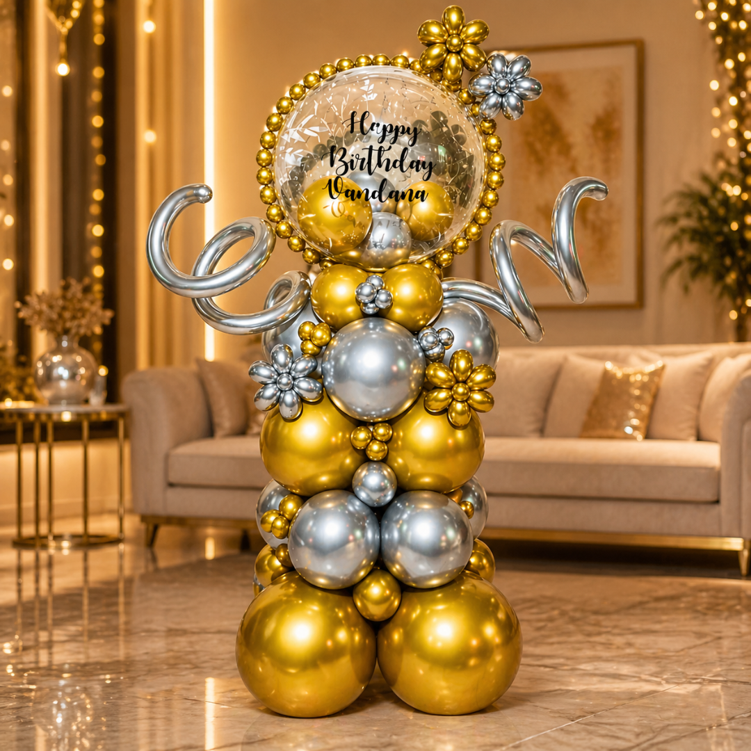 Customized Happy Birthday Baloon Bouquet with Golden and Silver Balloons and Customized Name Sticker | Air Filled & Delivers Inflated