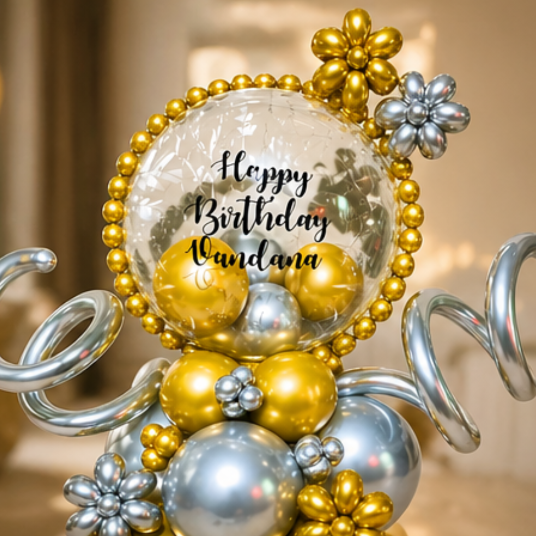 Customized Happy Birthday Baloon Bouquet with Golden and Silver Balloons and Customized Name Sticker | Air Filled & Delivers Inflated