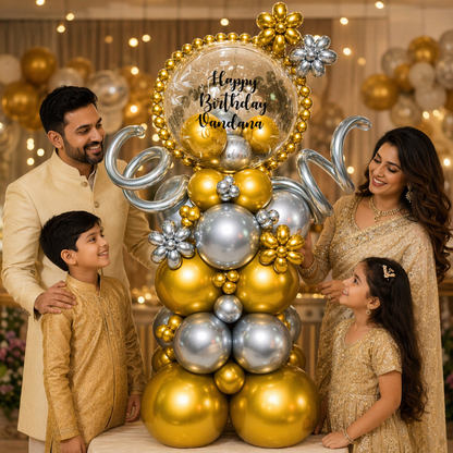 Customized Happy Birthday Baloon Bouquet with Golden and Silver Balloons and Customized Name Sticker | Air Filled & Delivers Inflated