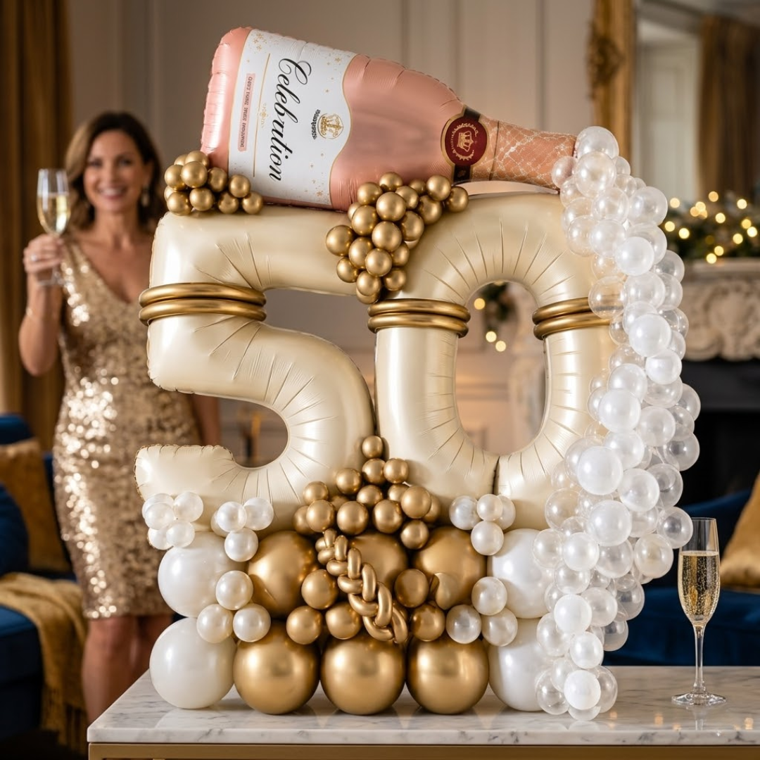 50th Birthday Apricot Color Foil Balloon Bouquet with PInk Champagne Bottle | Pre-inflated and Delivered