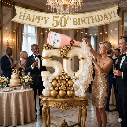 50th Birthday Apricot Color Foil Balloon Bouquet with PInk Champagne Bottle | Pre-inflated and Delivered