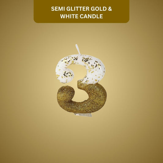 Number 3 Semi Glitter Gold & White Candle - 1PC