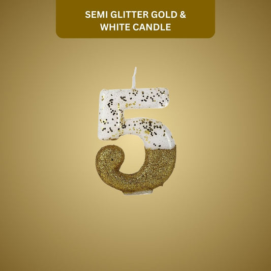 Number 5 Semi Glitter Gold & White Candle - 1PC