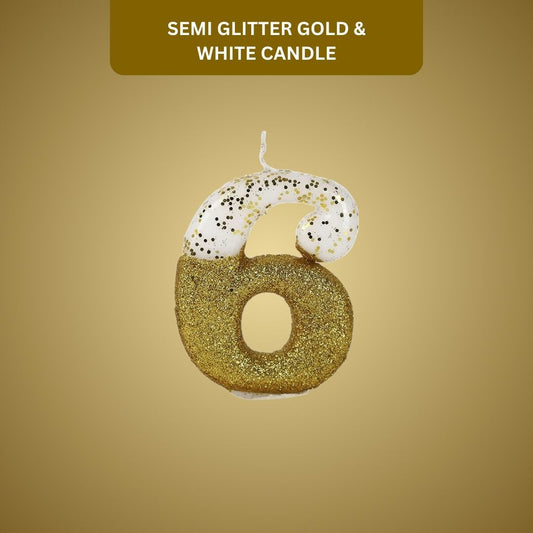 Number 6 Semi Glitter Gold & White Candle - 1PC