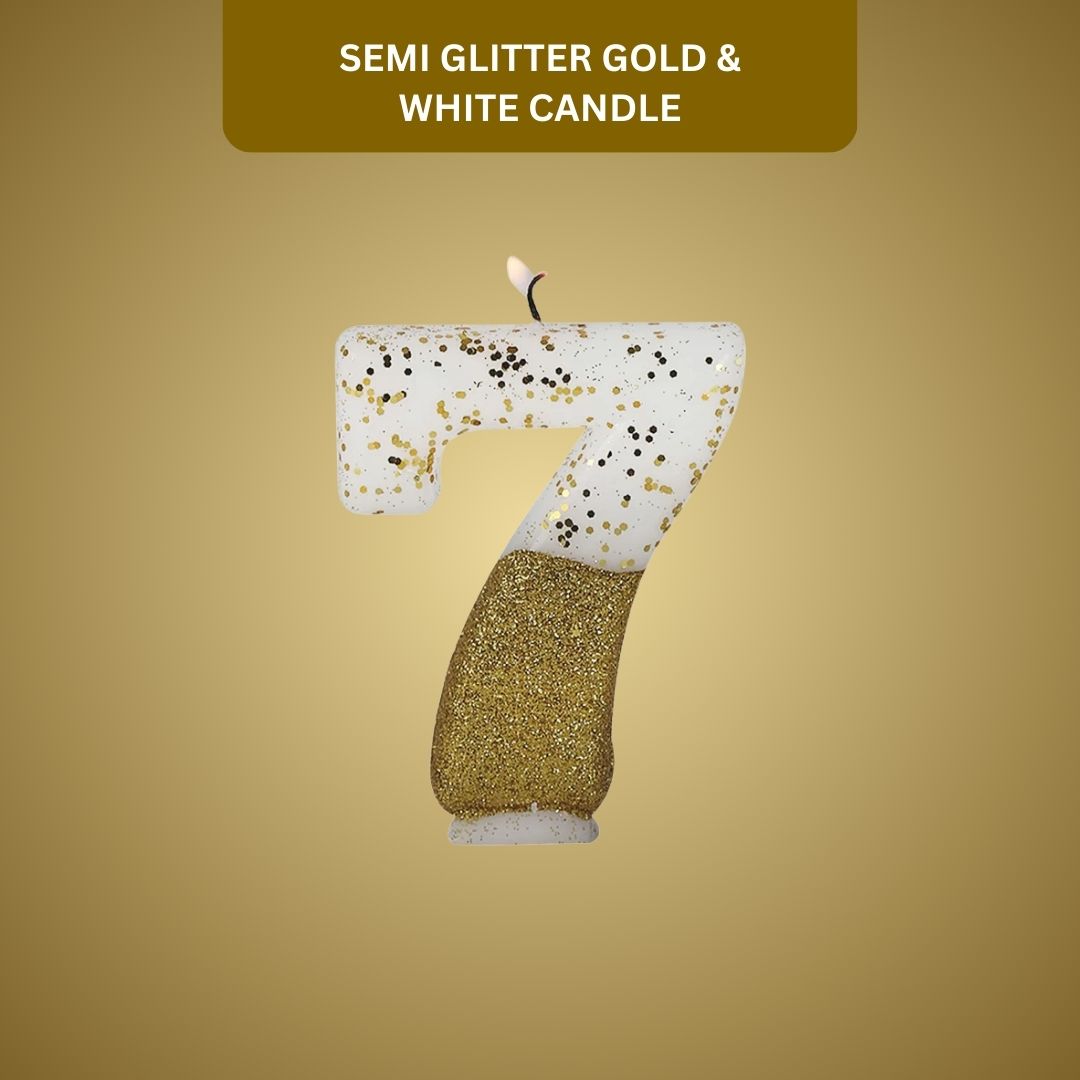 Number 7 Semi Glitter Gold & White Candle - 1PC