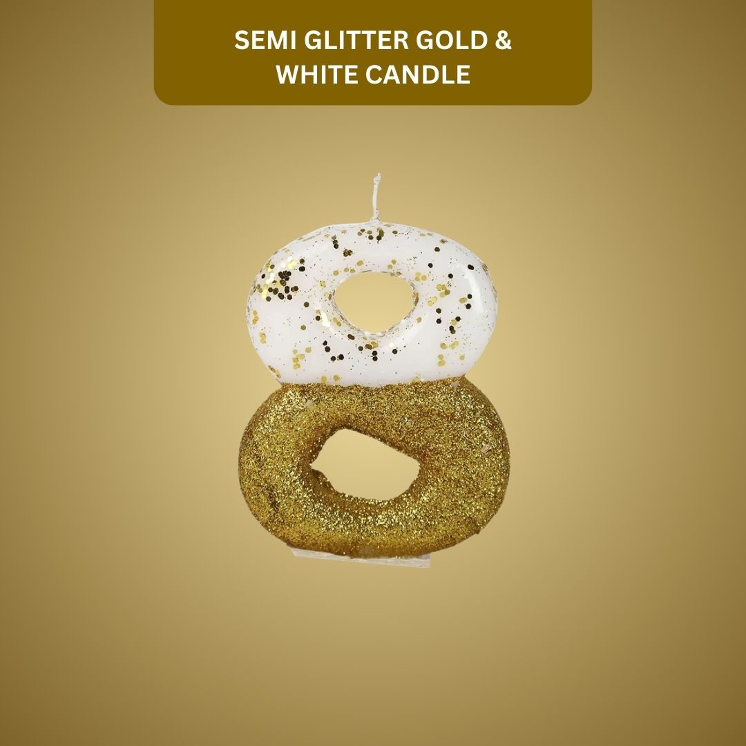 Number 8 Semi Glitter Gold & White Candle - 1PC