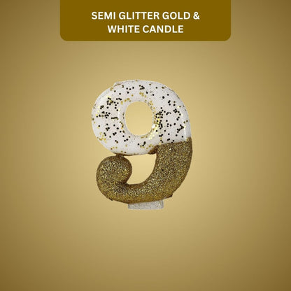 Number 9 Semi Glitter Gold & White Candle - 1PC