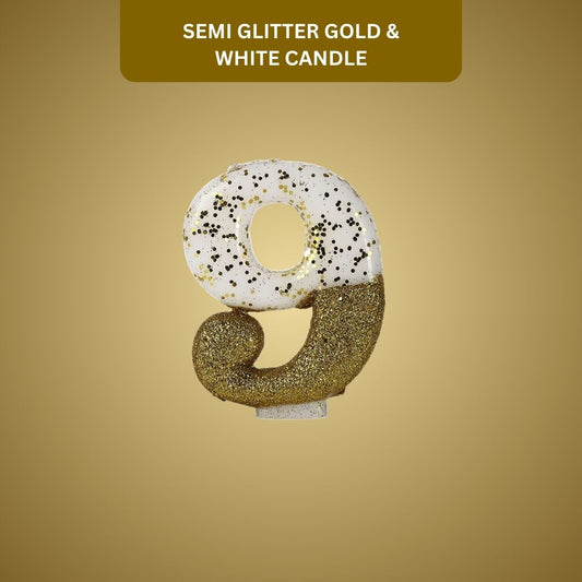 Number 9 Semi Glitter Gold & White Candle - 1PC
