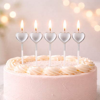 Glossy Silver Heart Shape Candle on Stick - 5PC
