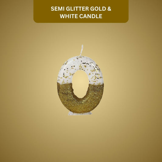 Number 0 Semi Glitter Gold & White Candle - 1PC