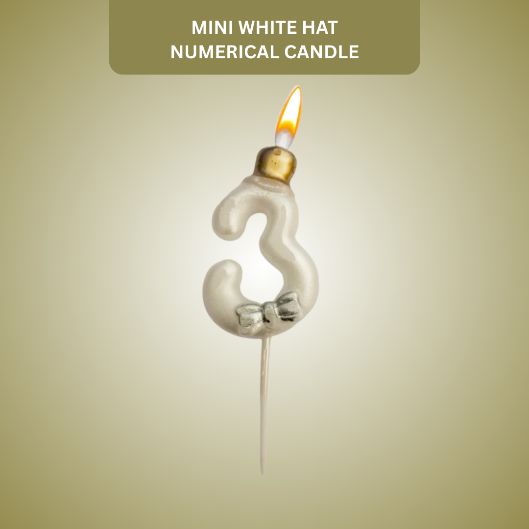 Metallic White Numerical Candle 3 with Golden Hat
