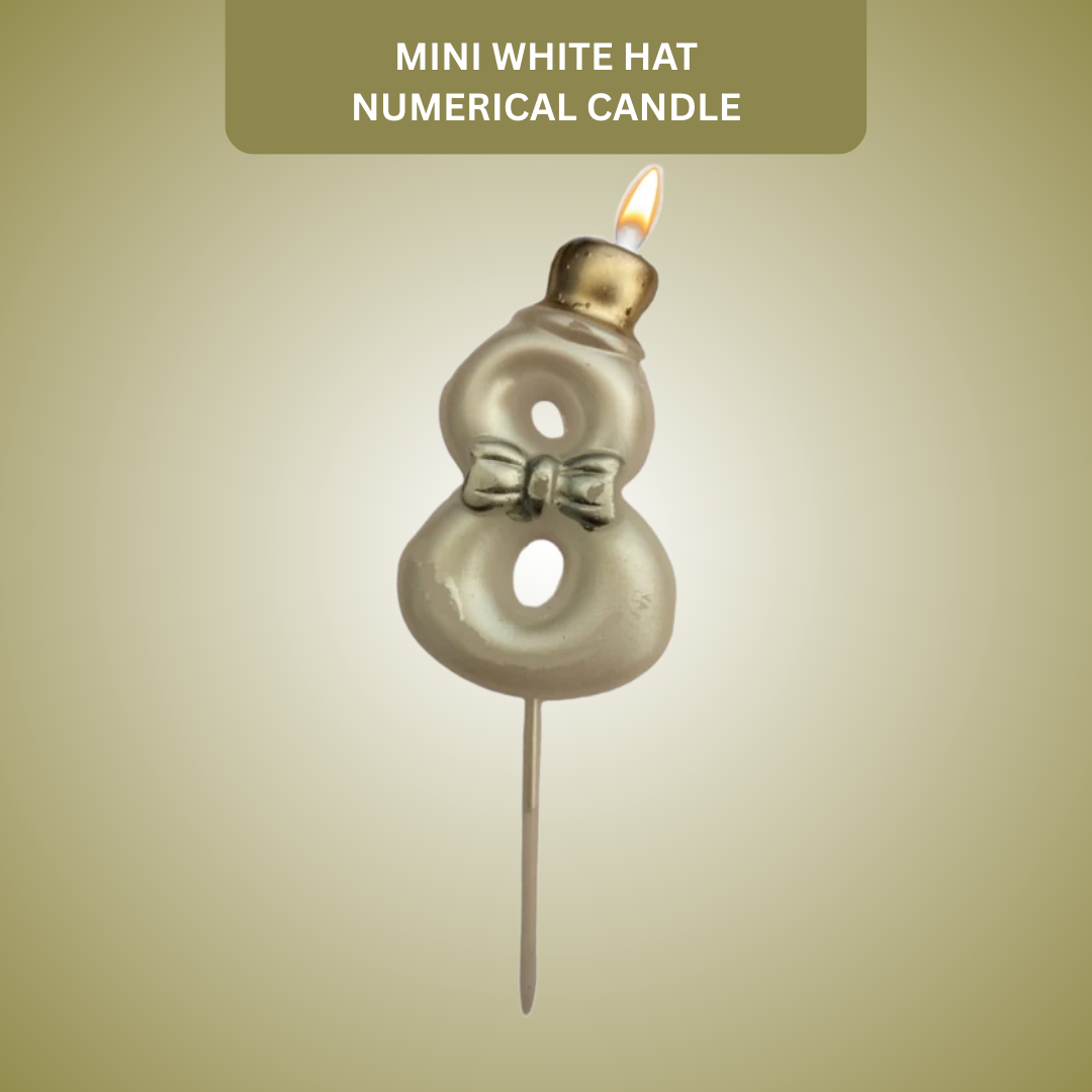 Metallic White Numerical Candle 8 with Golden Hat