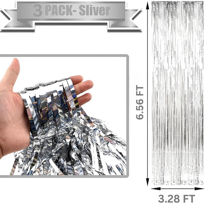 3Pcs Silver Metallic Tinsel Foil Fringe Curtains, 3.28ft x 6.56ft Silver Photo Booth Backdrop Streamer Curtain, Great for Bachelorette, Birthday,Christmas, New Year Party Decorations