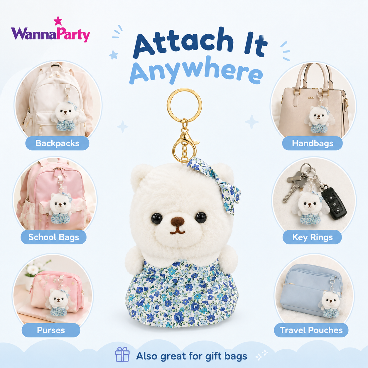 White Teddy Bear Plush Keychain, Cute Soft Bear Bag Charm with Blue Floral Dress | Gold Metal Chain, Backpack, Handbag, Keys, Birthday Return Gift & Party Favor – 1PC