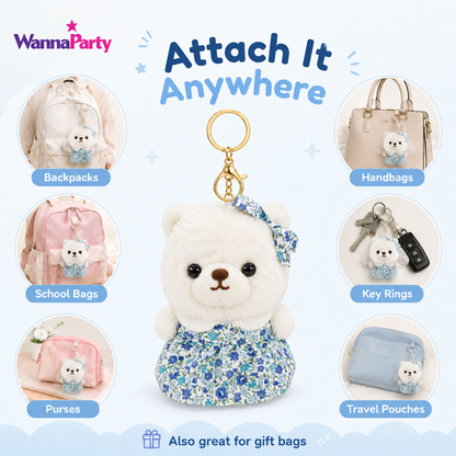 White Teddy Bear Plush Keychain, Cute Soft Bear Bag Charm with Blue Floral Dress | Gold Metal Chain, Backpack, Handbag, Keys, Birthday Return Gift & Party Favor – 1PC