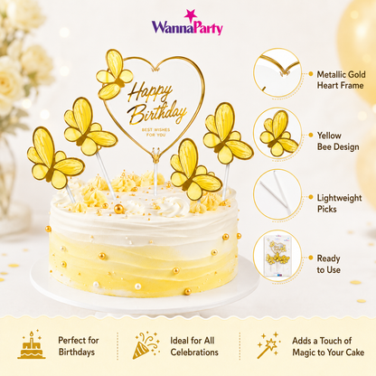 Happy Birthday Cake Topper with Yellow Butterflies - 5PC
