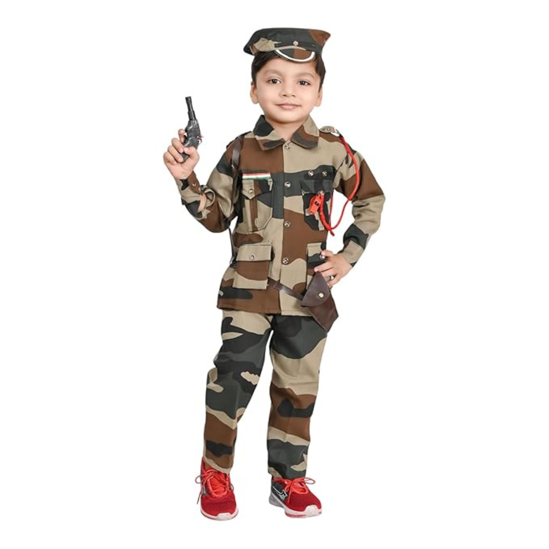 Army Costume w/ Cap, Toy Gun, Whistle for Kids - Size S - Age 3 to5 - 1PC