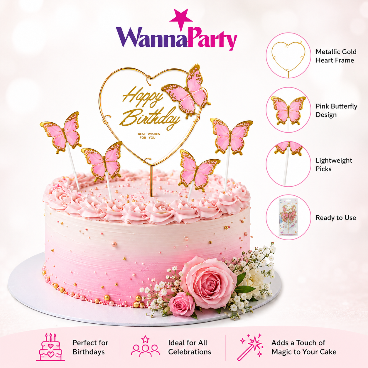 Happy Birthday Cake Topper with Pink Butterflies - 5PC