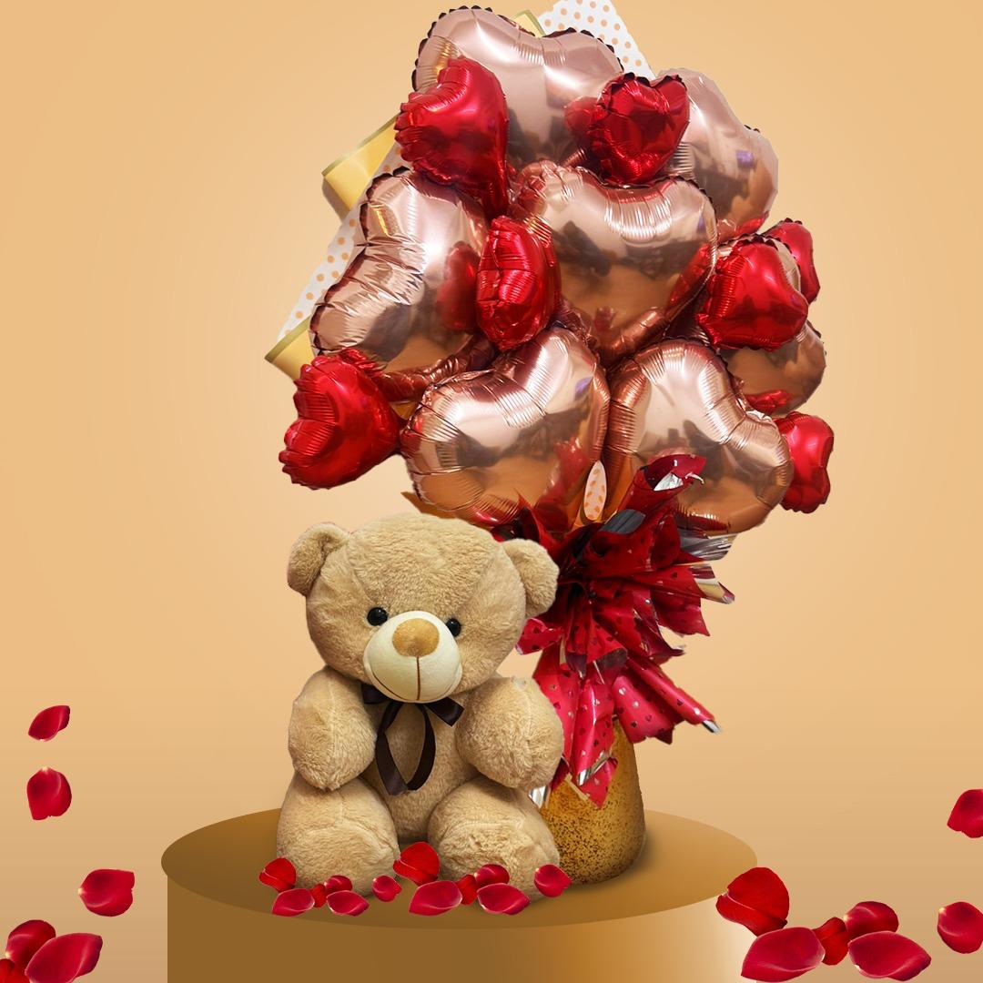 Rose Gold Heart 10" and Red Heart 6"  Balloon Bouquet - Set of 14