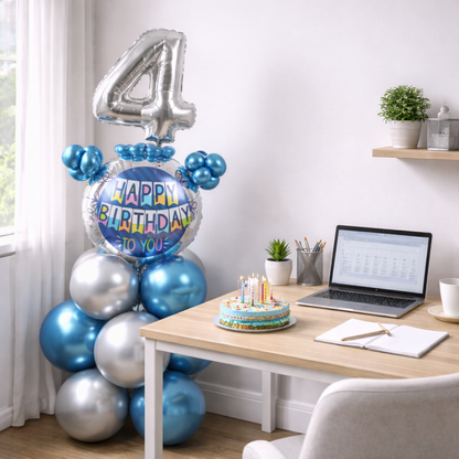 Designer Blue & Silver Balloon Bouquet Arrangement for 4th Birthday