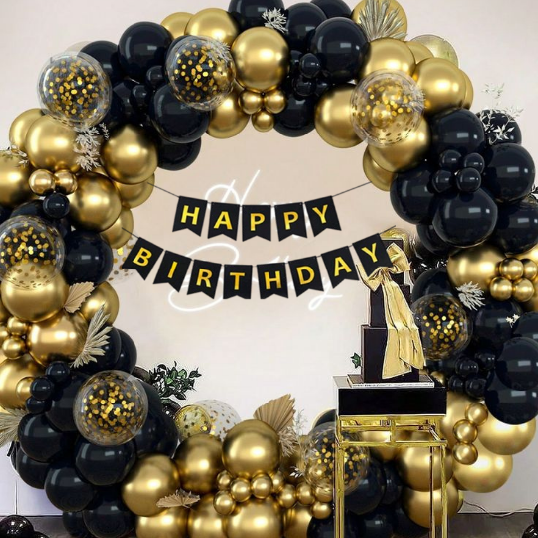Happy Birthday Banner, Black and Gold Birthday Decoration Set of 13- Birthday Banner with 12inch Balloons, Ribbon and Adhesive Wall Hooks for Happy Birthday Decorations for Men, Boys, Women and Girls