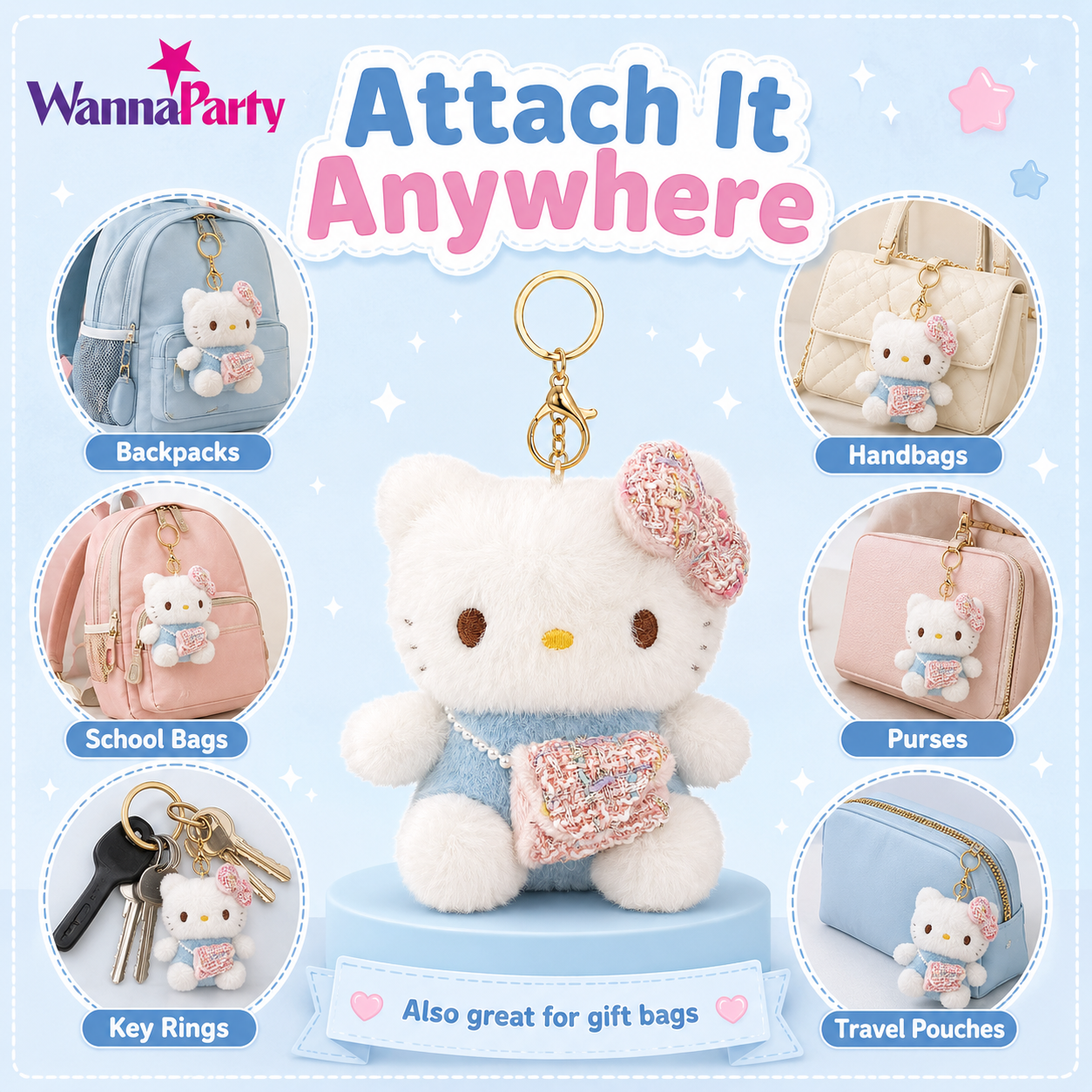 Pink Hello Kitty Plushy Key Chain | Cute Kawaii Pink Cat Plush Keychain | Soft Bag Charm with Blue Bow & Mini Purse, Gold Metal Chain for Backpack, Handbag, Keys, Birthday Return Gift & Party Favor – 1PC