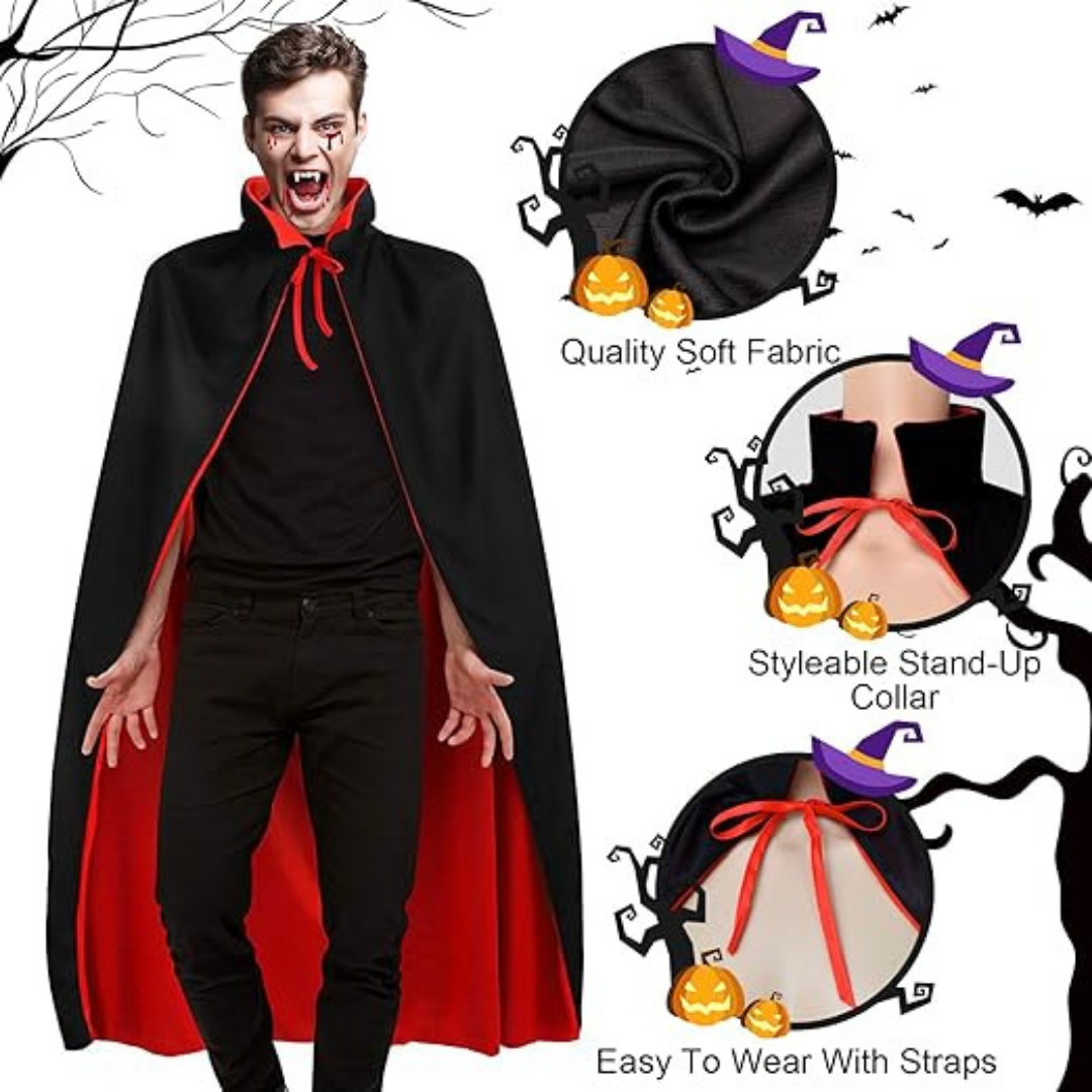 Vampire Costume Set for Adult Teen Unisex-Halloween Vampire Reversible Cloak, Vampire Fangs, Fake Blood for Halloween Costumes
