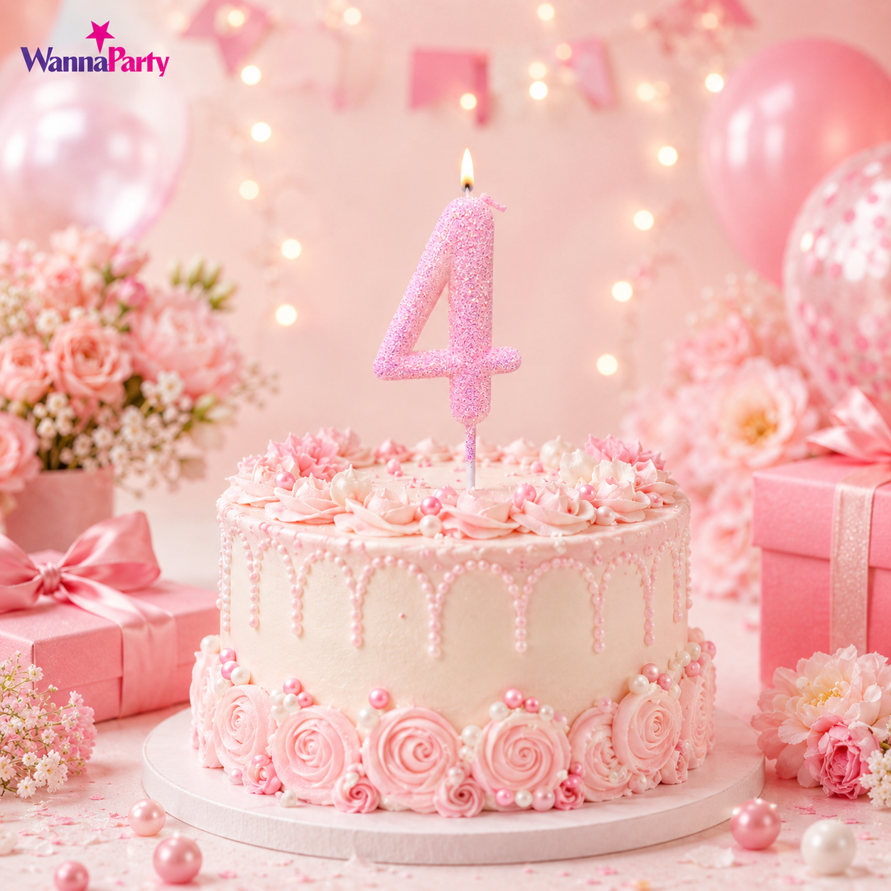 Glitter Designer Pink Candle Number 4 | Cake Candles