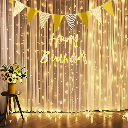 Happy Birthday Golden Cursive Banner with Chevron Flag Bunting & Led String Light Birthday Combo - Set of 3