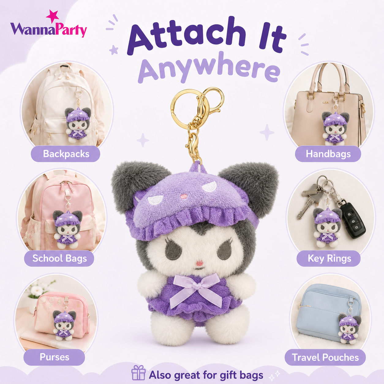 Cute Kawaii Kuromi Plush Keychain, Soft Black & White Character Bag Charm with Purple Outfit & Gold Metal Chain, Backpack, Handbag, Keys, Birthday Return Gift – 1PC