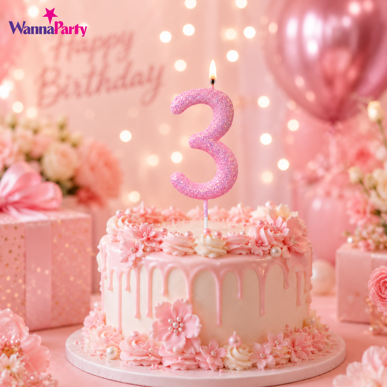 Glitter Designer Pink Candle Number 3 | Cake Candles