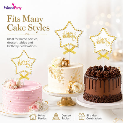 Birthday Star Cake Topper, White & Gold Star Design with Bead Border & Bow | Birthday Cake Decoration Kit for Kids, Adults, Party Cakes & Dessert Table – 1PC