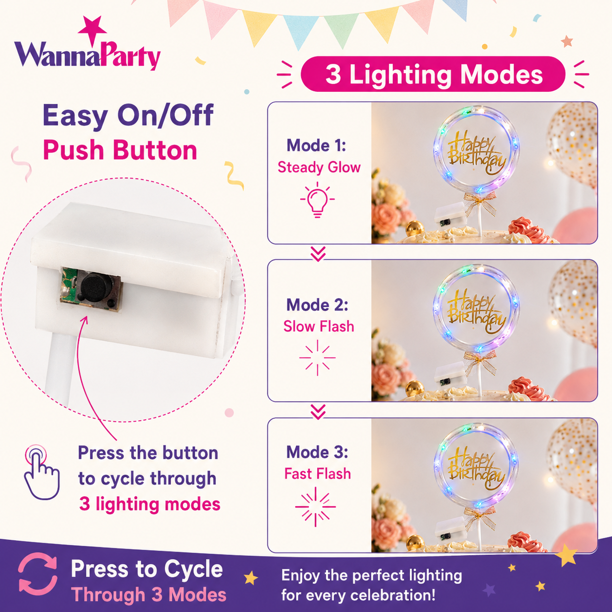 Happy Birthday LED Cake Topper, Transparent Round Cake Decoration with Gold Text, Built-In Light String & Bow for Birthday Party, Cakes, Cupcakes & Dessert Table – 1PC