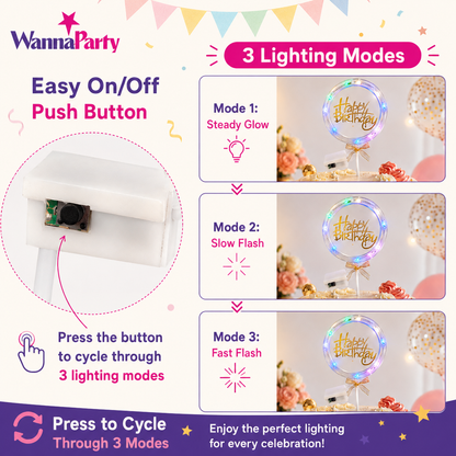 Happy Birthday LED Cake Topper, Transparent Round Cake Decoration with Gold Text, Built-In Light String & Bow for Birthday Party, Cakes, Cupcakes & Dessert Table – 1PC