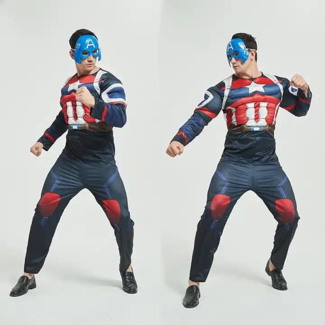 Muscular Captain America Costume with Jumpsuit and Mask for Adults - Size L