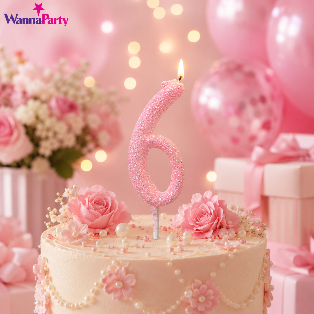 Glitter Designer Pink Candle Number 6 | Cake Candles