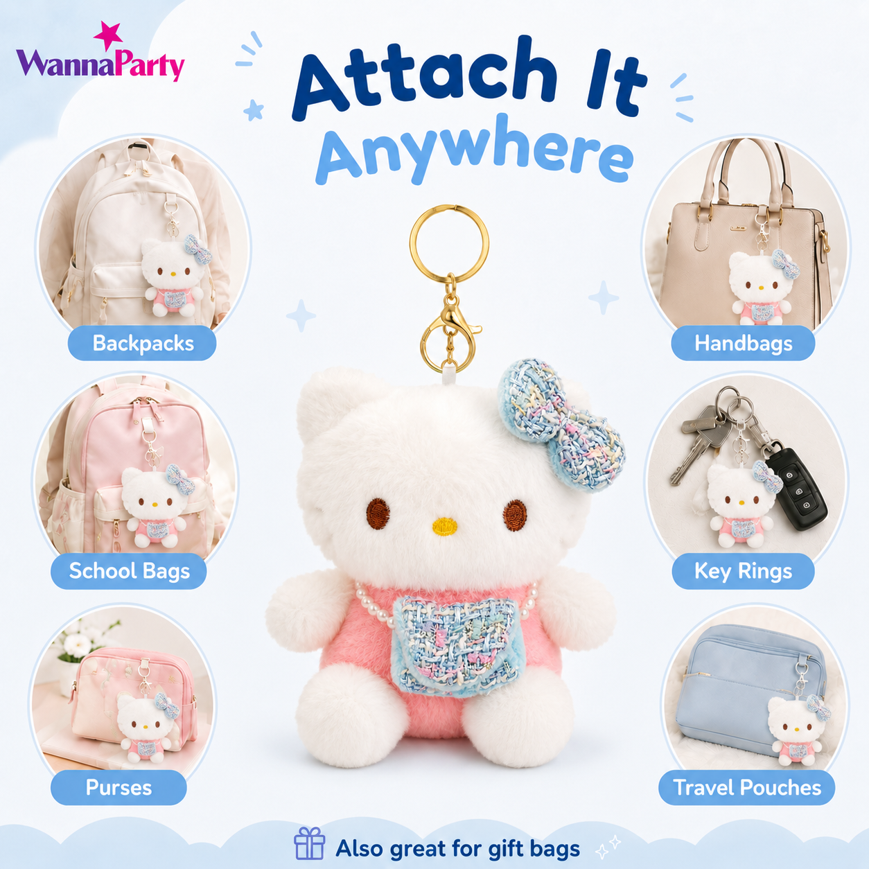 Blue Hello Kitty Plushy Key Chain | Cute Kawaii Blue Cat Plush Keychain | Soft Bag Charm with Blue Bow & Mini Purse, Gold Metal Chain for Backpack, Handbag, Keys, Birthday Return Gift & Party Favor – 1PC
