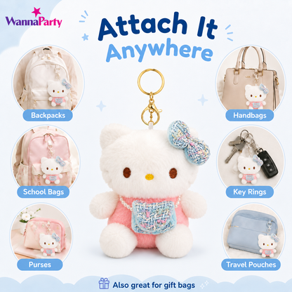 Blue Hello Kitty Plushy Key Chain | Cute Kawaii Blue Cat Plush Keychain | Soft Bag Charm with Blue Bow & Mini Purse, Gold Metal Chain for Backpack, Handbag, Keys, Birthday Return Gift & Party Favor – 1PC
