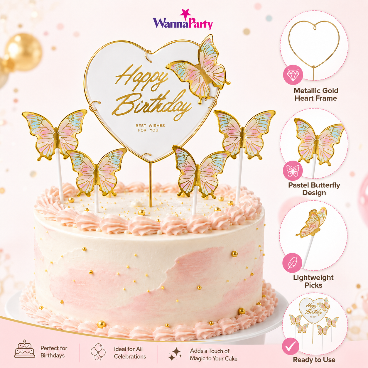 Happy Birthday Cake Topper with Multicolor Butterflies - 5PC
