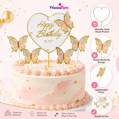 Happy Birthday Cake Topper with Multicolor Butterflies - 5PC