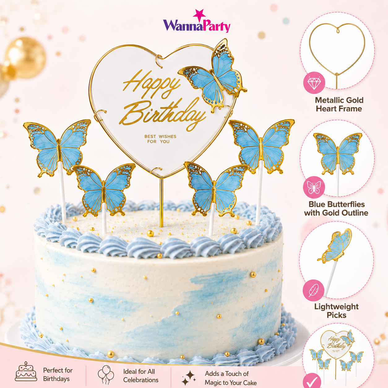 Happy Birthday Cake Topper with Blue Butterflies - 5PC