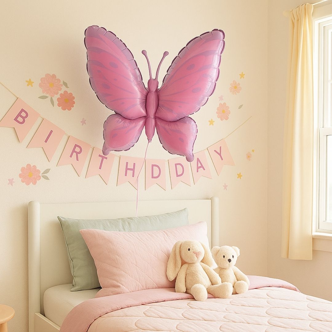 Butterfly Shaped Metallic Pistachio & Pink Balloon with Purple Thorax - Helum Quality - 34 inches - 1PC