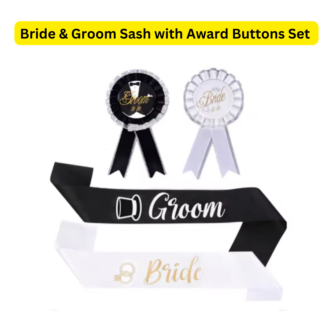 Bride & Groom Sash with Award Buttons Set - 4PC