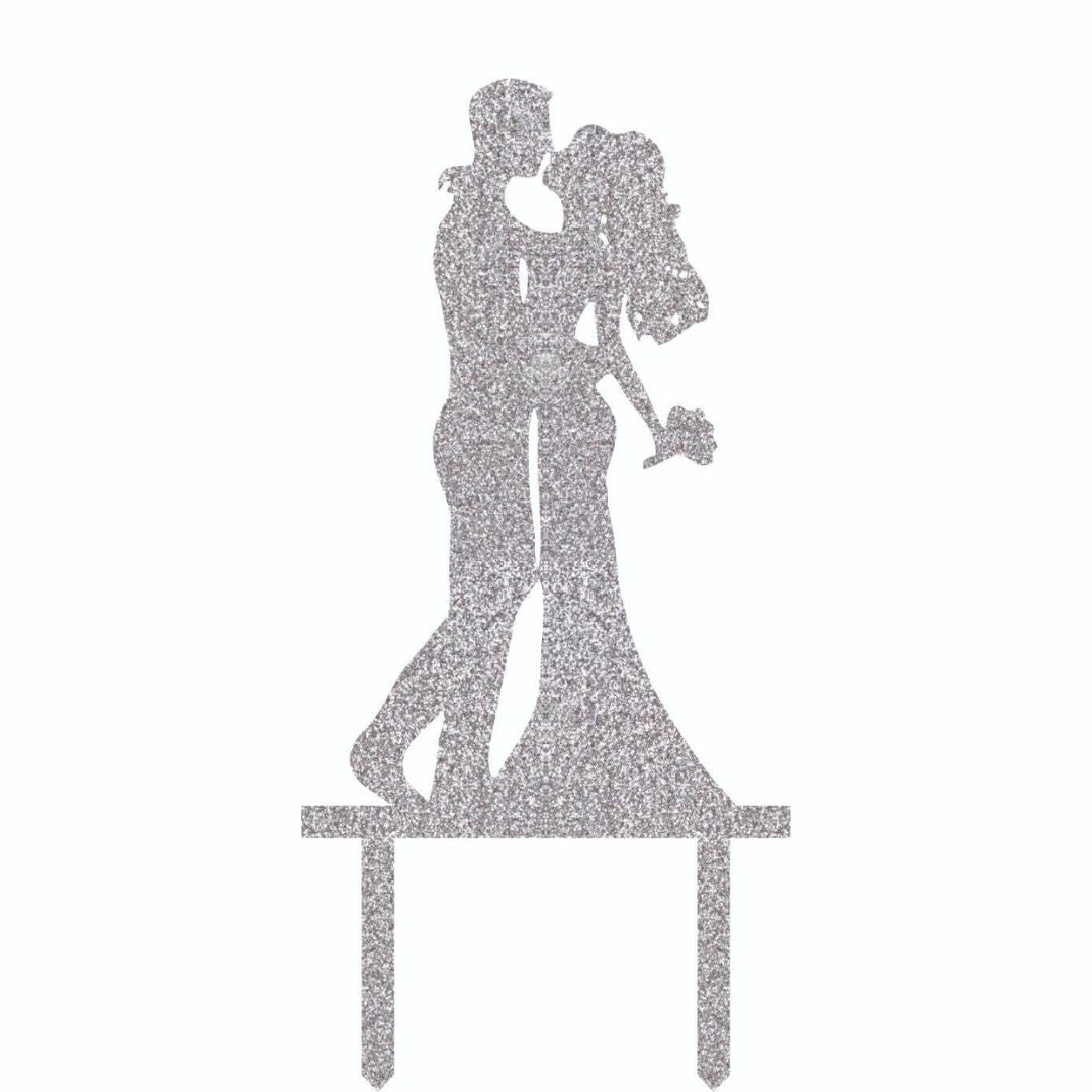 Bride & Groom Acrylic Silver Glitter Cake Topper