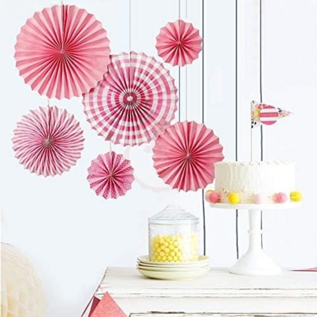 Designer Pink Paper Fans Set - 6PC