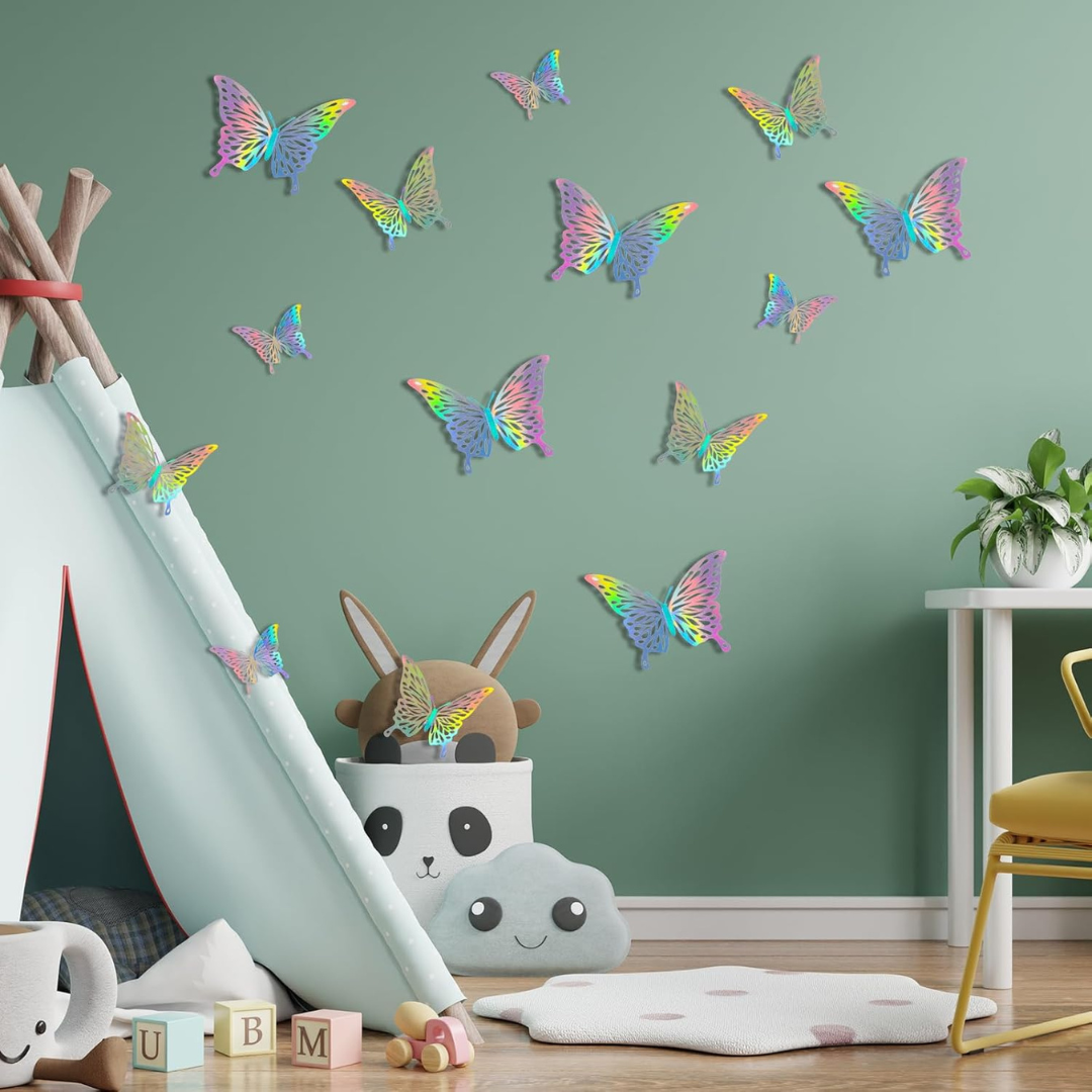 Iridescent 3D Butterfly Assorted Color w/Stickers - 12 PC